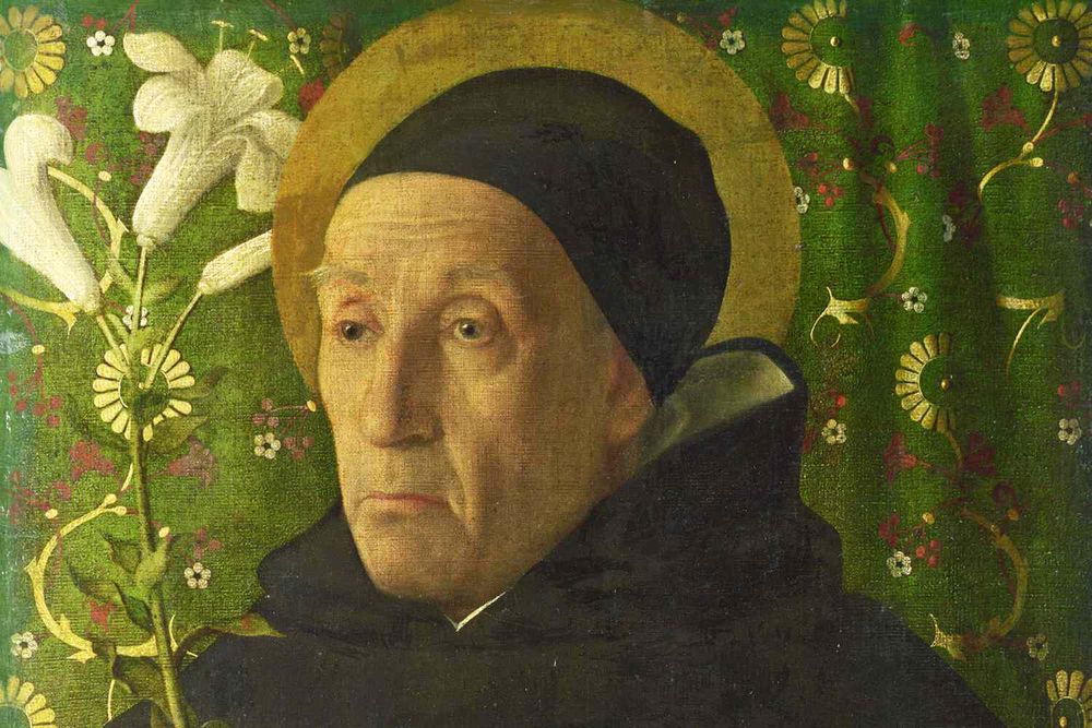 Portrait of 13th-14th century German theologian, philosopher, and mystic, Meister Eckhart, recognized for his teachings on the relationship between the individual soul and God. Eckhart is portrayed here in his elder years wearing a black skullcap and robe/cloak against a floral textile backdrop.