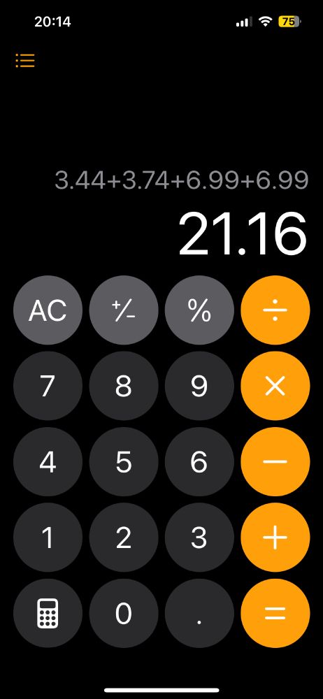 <calculator interface>
3.44+3.74+6.99+6.99
21.16