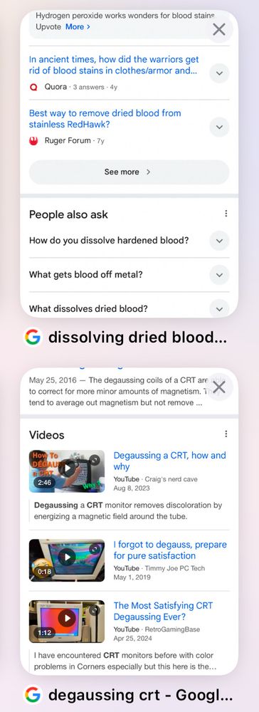 Adjacent open tabs for Google searches for "dissolving dried blood on metal" and "degaussing crt"