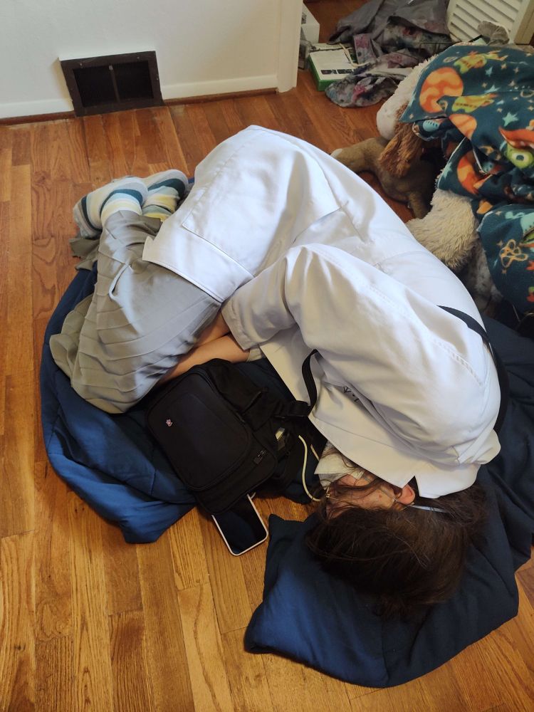 me, fast asleep with bag and mask still on, wearing a lab coat, skirt, and stripey socks, curled up on a dog bed with a blanket draped over it