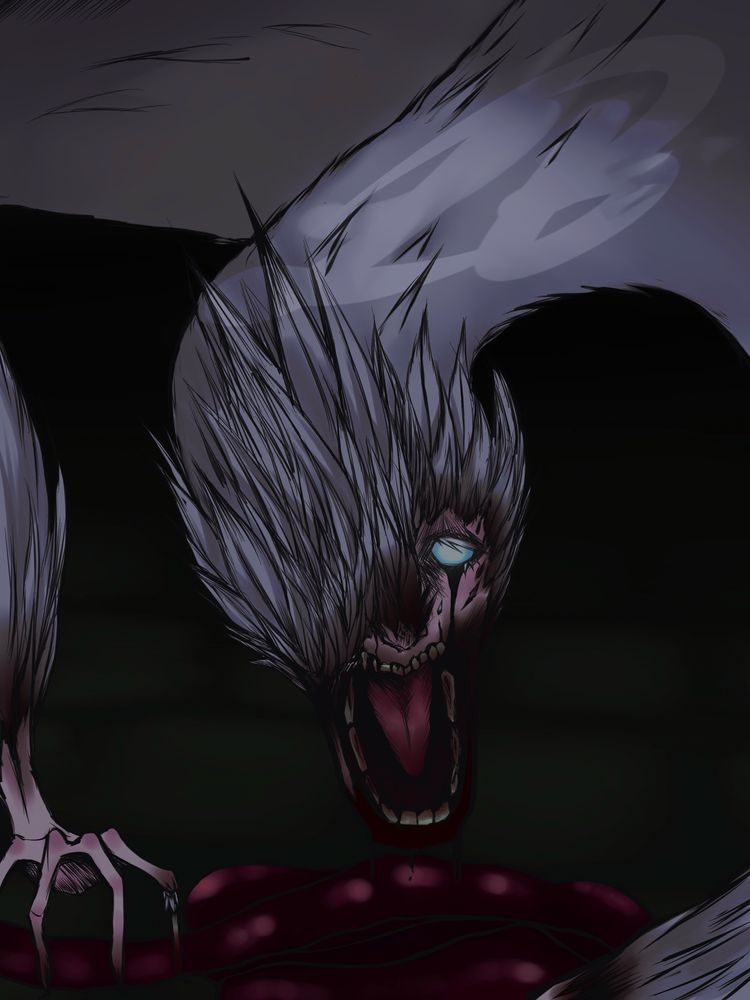 A hybrid of a bird and a human hunched over a pile of human intestines. Its mouth dangling and molars elongated unnaturally as it stares blankly into the camera, its remaining eye blinded. An enormous amount of feathers come out of its pores, covering the left half of its face. It’s missing a finger, all that remains is a sharp bone, feathers grow from the wound. 