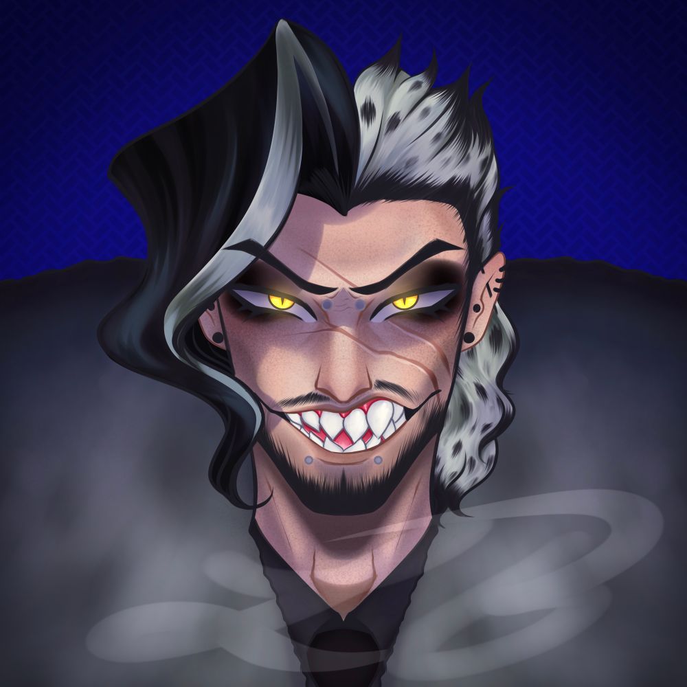 A man with black and white hair spilt down the middle, the black hair more wavy with White streaks, the white side with black spots. He has yellow eyes and freckled skin with two thin scars traveling up his face. He wears Smokey eye shadow and has shark-like teeth. He has several piercings in his ears and on his face, snake bites and a nose bridge. He wears a giant fur coat that resembles leopard seal fur he has a short beard and goatee. 