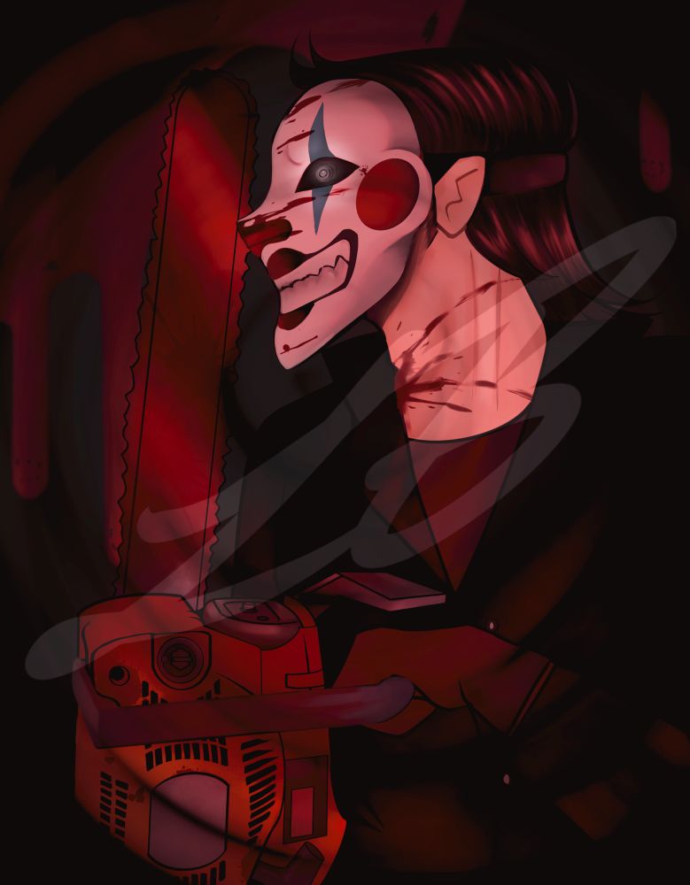 Character belongs to @/splemoncake on instagram!

Berenger shrouded in shadows, he holds a bloody chainsaw and is covered in blood. He wears a clown mask with red cheeks and a blue streak down the mask’s eye hole. He is splattered in blood and dawns an unsettling smile. 