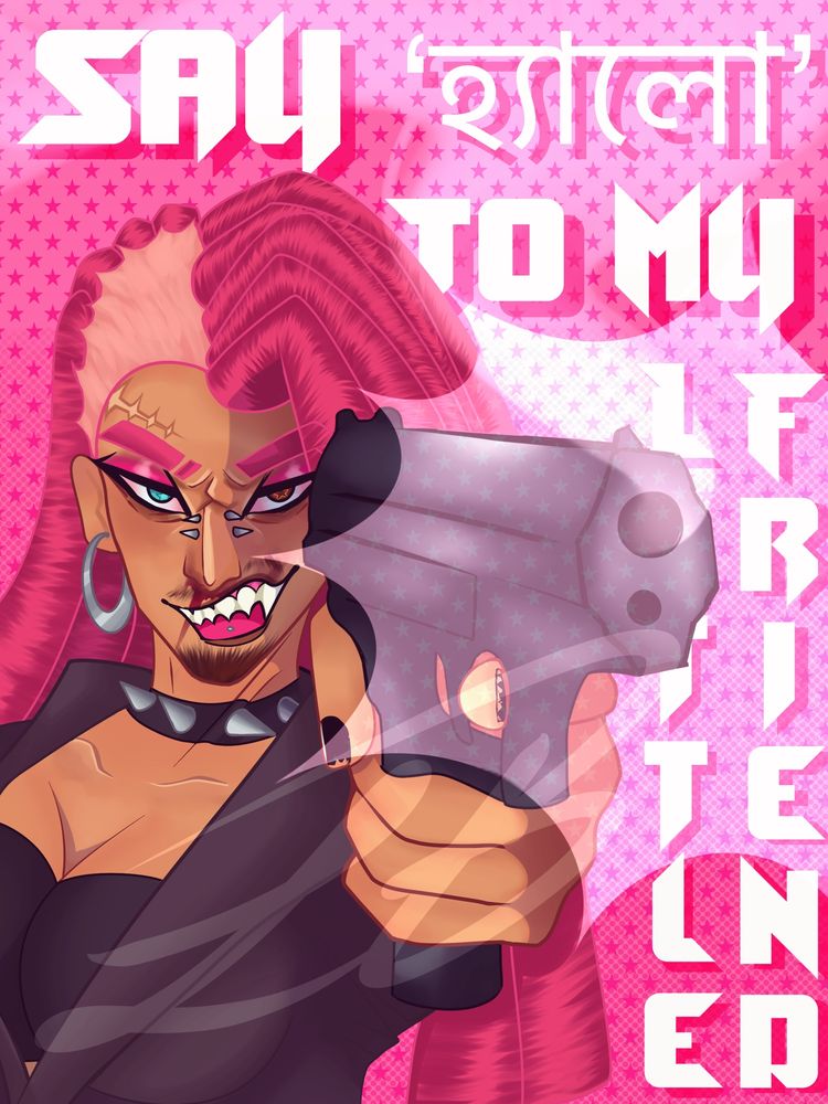 A drawing of @/moosepudding’s character Pippa Overdrive, holding a recently fired gun— evident from the smoke overhead

The text reads “Say Hello to my Little friend.” However the ‘Hello’ is replaced with “হ্যালো” in Bengali.