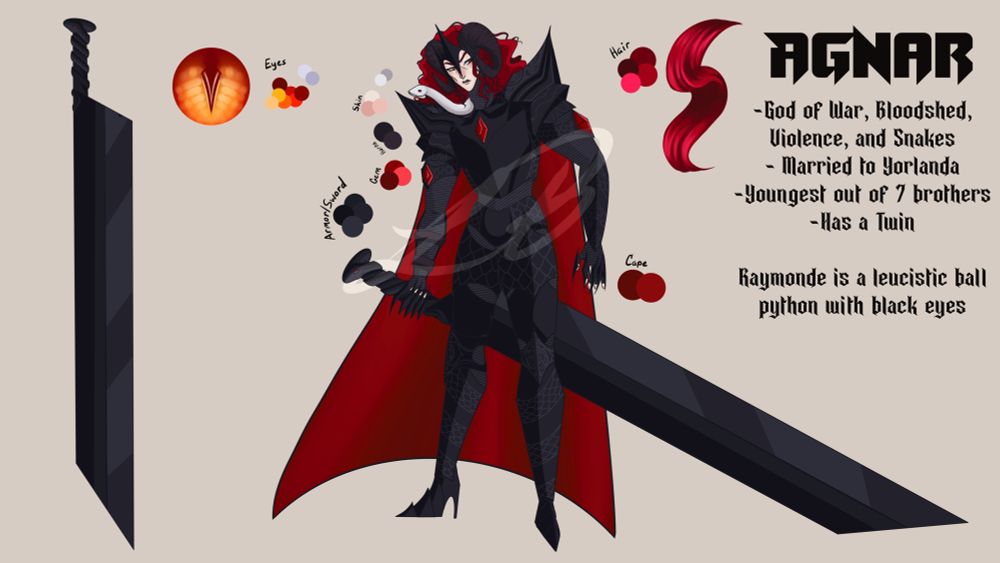 A ref sheet of my character Agnar, a man in all black armor adorned with small red gems. The armor itself is engraved with several snake designs as well as roses on the shoulder plates. He holds a large claymore with a snake sculpting on the grip. He also has a small white ball python on his shoulder. Her name is Raymonde. 