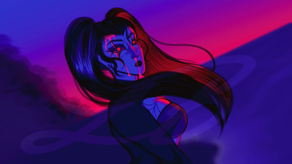 Widow stands in the middle of a Dutch angle frame, turning towards the camera. There is bright pink blood running down both her forehead and face. The background is the coastline of a jungle-like island, the ocean seen on the right. The lighting itself is a mixture of red and blue.