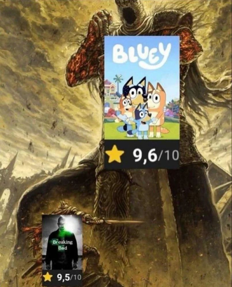 Picture of a giant with bluey overlaid 9.6 rating. Overlooking small guy with breaking bad overlaid at 9.5 rating. 