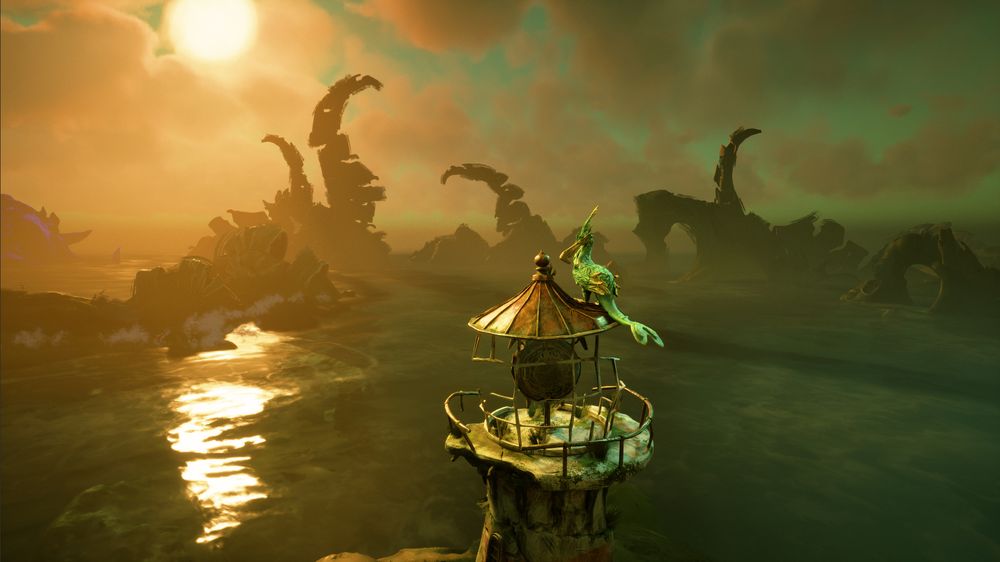 A lighthouse with a bird as a hat looks across a moody ocean