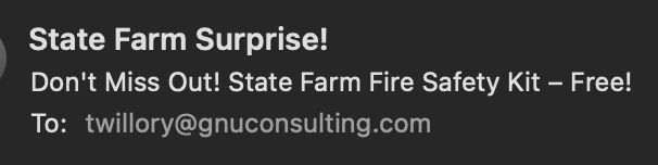 Screenshot of an email with the subject State Farm Surprise! sent to my Twillory-specific email address.