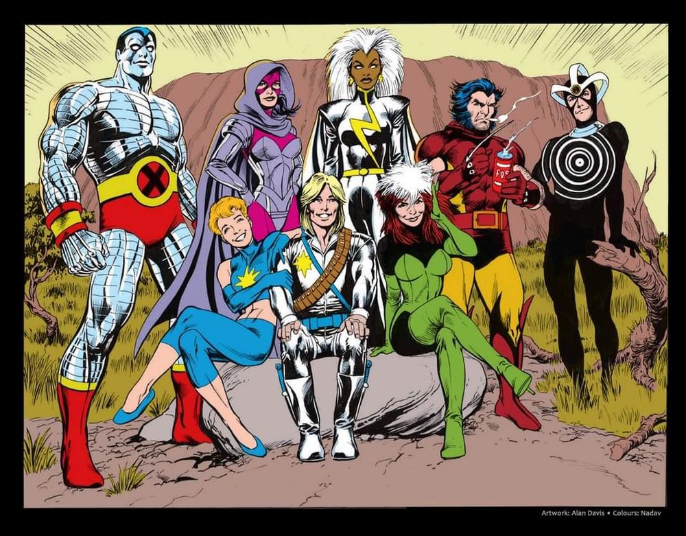 Outback-era X-Men: Colossus, Betsy Braddock, Dazzler, Longshot, Storm, Rogue, Wolverine, Havok. (Art by Alan Davis)