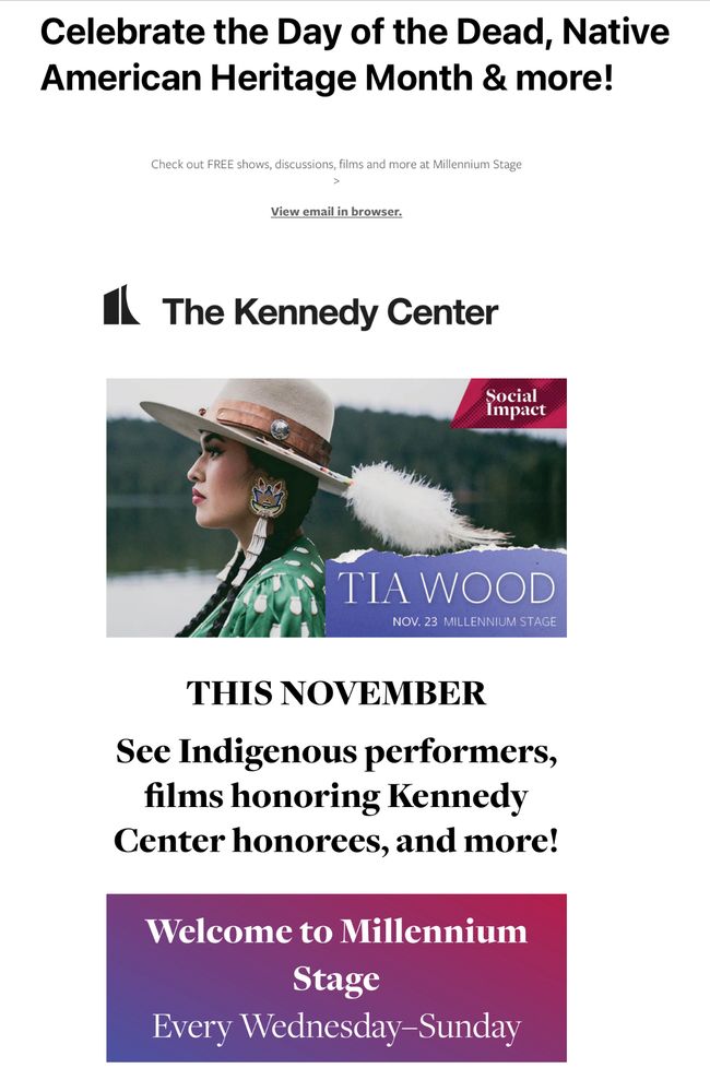 Email about indigenous performers at the Kennedy Center