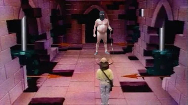 A screen capture from the CITV show Knightmare, but the naked man in a balaclava and plastic clogs, holding a wooden stick with a sex toy on the end, is standing between our contestant and a doorway