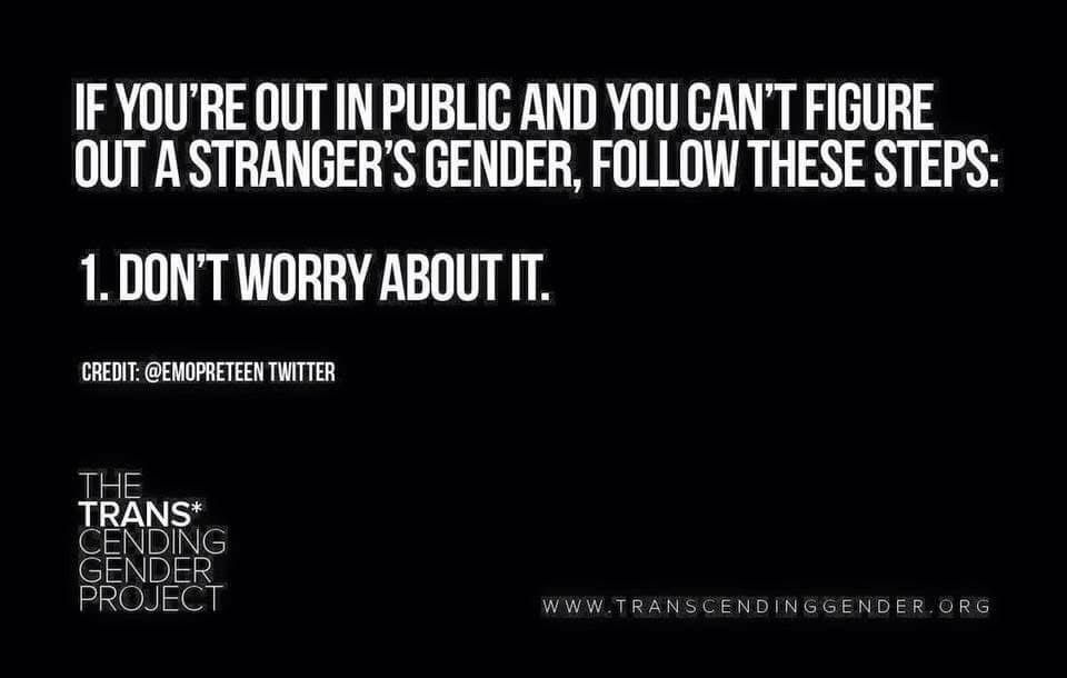 If you’re out in public and you can’t figure out a stranger’s gender, follow these steps: 1. Don’t worry about it.