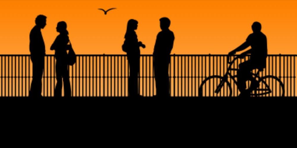 Clipart. Zwei Paare und ein Mensch mit Fahrrad auf einer Brücke. Man sieht im Gegenlicht nur ihre Umrisse. Die Brücke hat ein Geländer und ist auf Bögen gebaut.