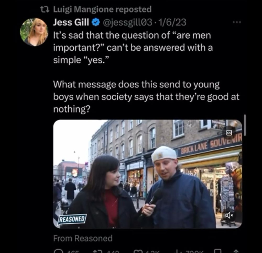 Screenshot of on the street interview and poster saying it’s sad people can’t answer the question are men necessary with just yes. 