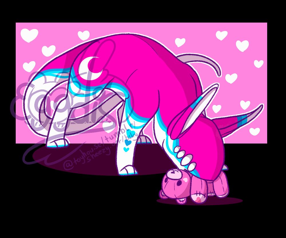 an image of a pink and blue MTT with a pink teddybear in it's mouth. it's in front of a pink background that is filled with hearts
