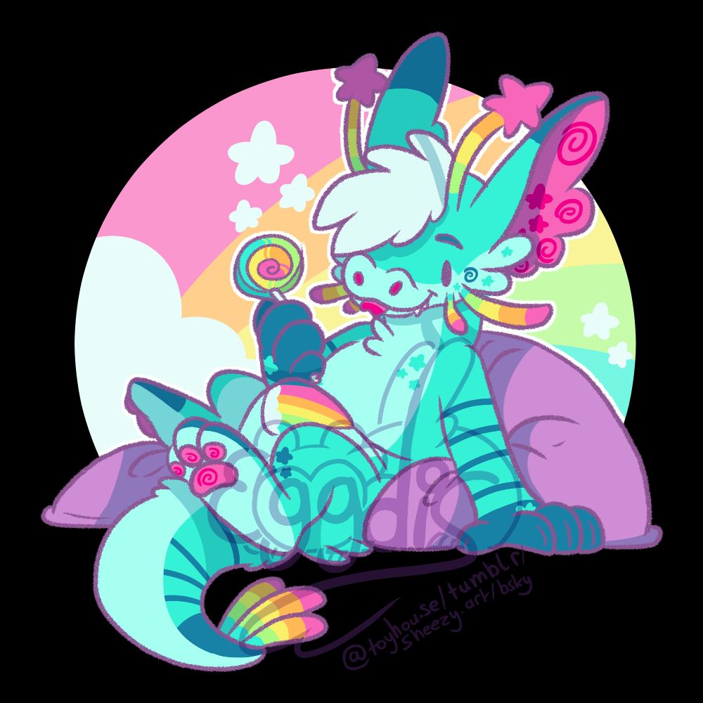 an image of a Xero with blue and rainbow markings. They are sitting on purple pillows, in front of a rainbow background