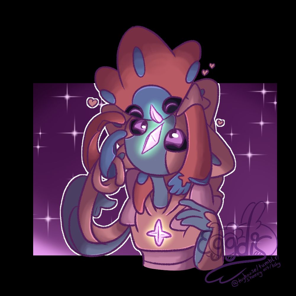 an image depicting two Deoxys ocs. One is wrapped around the head of the other one. Their noses and the star organ of the bottom one all glow. 
the background is purple and filled with stars