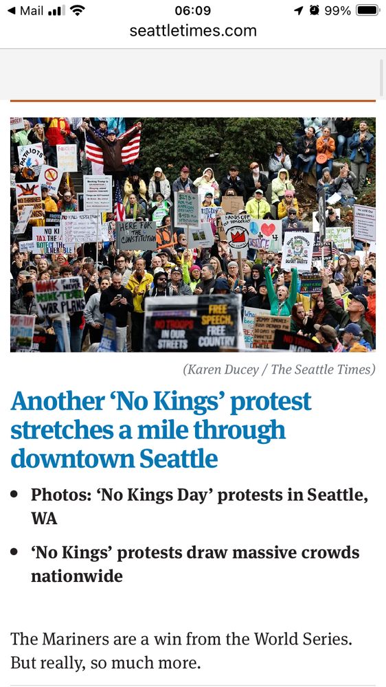 Another ‘No Kings’ protest stretches a mile through downtown Seattle

* Photos: ‘No Kings Day’ protests in Seattle, WA
* ‘No Kings’ protests draw massive crowds nationwide
