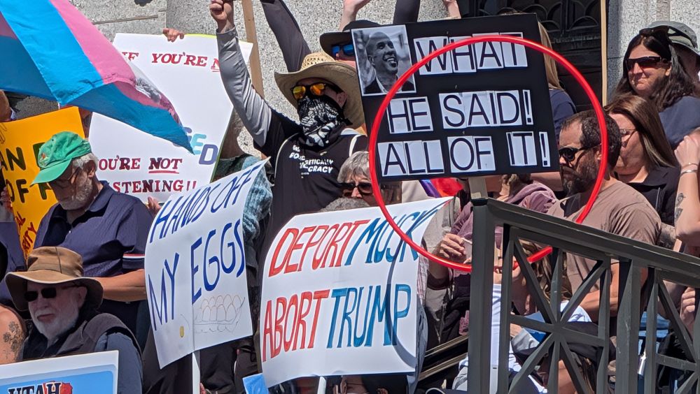 3 signs. "What he said! All of it!" with a picture of Sen. Cory Booker. "Hands off my eggs!" And lastly, "Deport Musk. Abort Trump."