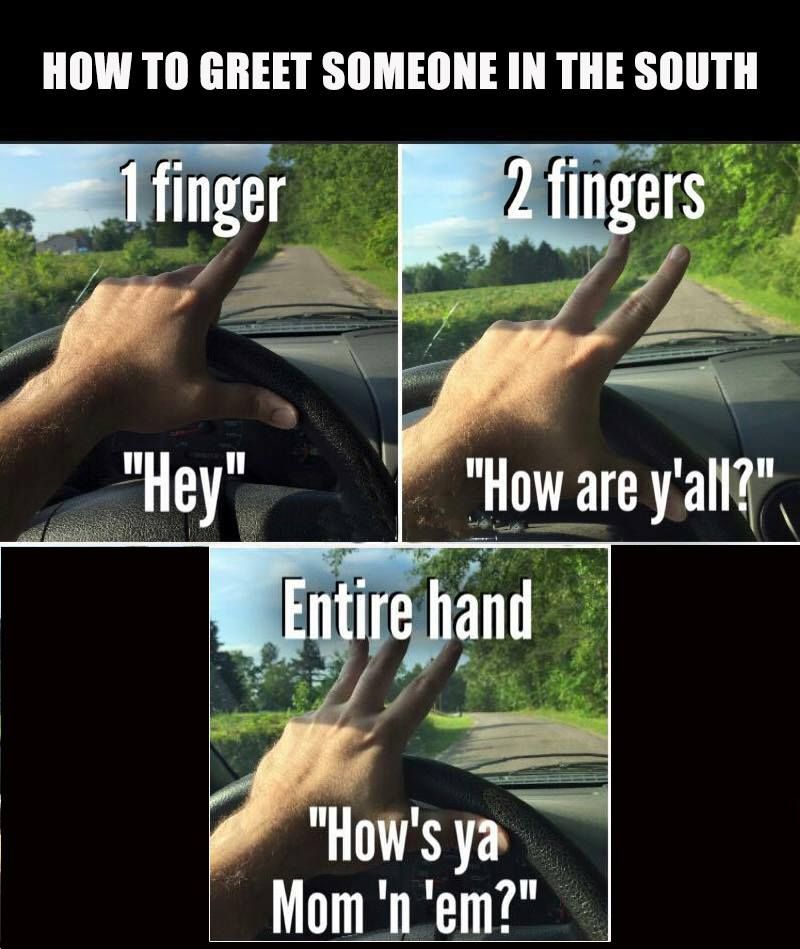 How to greet someone in the south. 
Three panels of a hand on a steering wheel, driving down a country road. 
Panel 1: 1 finger means "Hey" 
Panel 2: 2 fingers means "How are y'all?"
Panel 3: Entire hand means "How's ya Mom'n 'em?"