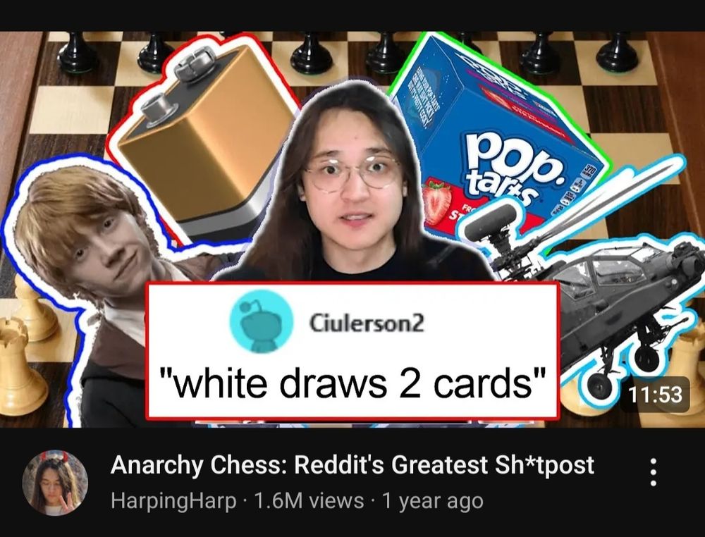 Youtube thumbnail of a video titled "Anarchy Chrss: Reddit's Greatest Shitpost". The thumbnail contains a reddit comment with the text "Whote draws 2 cards."