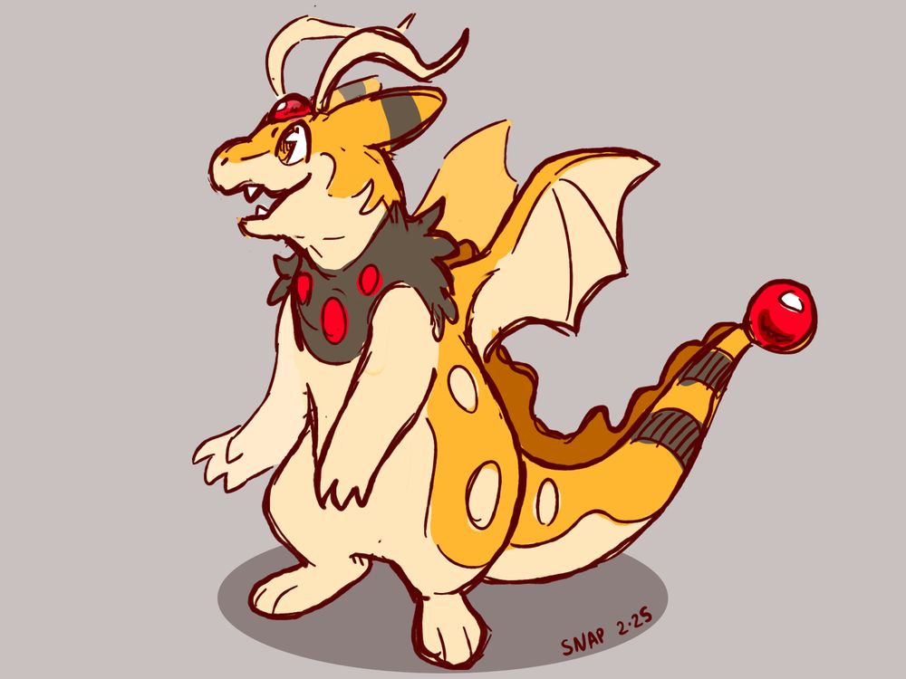 a creature stands smiling. It has the body, sideburns, and neck of a hisuian typhlosion, the ear stripes and tail of an ampharos, the spots and back fin of a clodsire, and the wings, antennae, and general color scheme of a dragonite. The beast smiles for it knows only love.