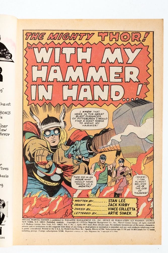 a title page from Thor illustrated by Jack Kirby. the title in big capital letters reads “with my hammer in hand…!” below that lettering, Thor has his hammer held in a furnace with the aid of some Kirbytech tongs. thor is saying “I knew that here in the great blast furnaces of pittsburgh i would find a giant forge to mend my hammer” two works stand behind him and comment on his presence 