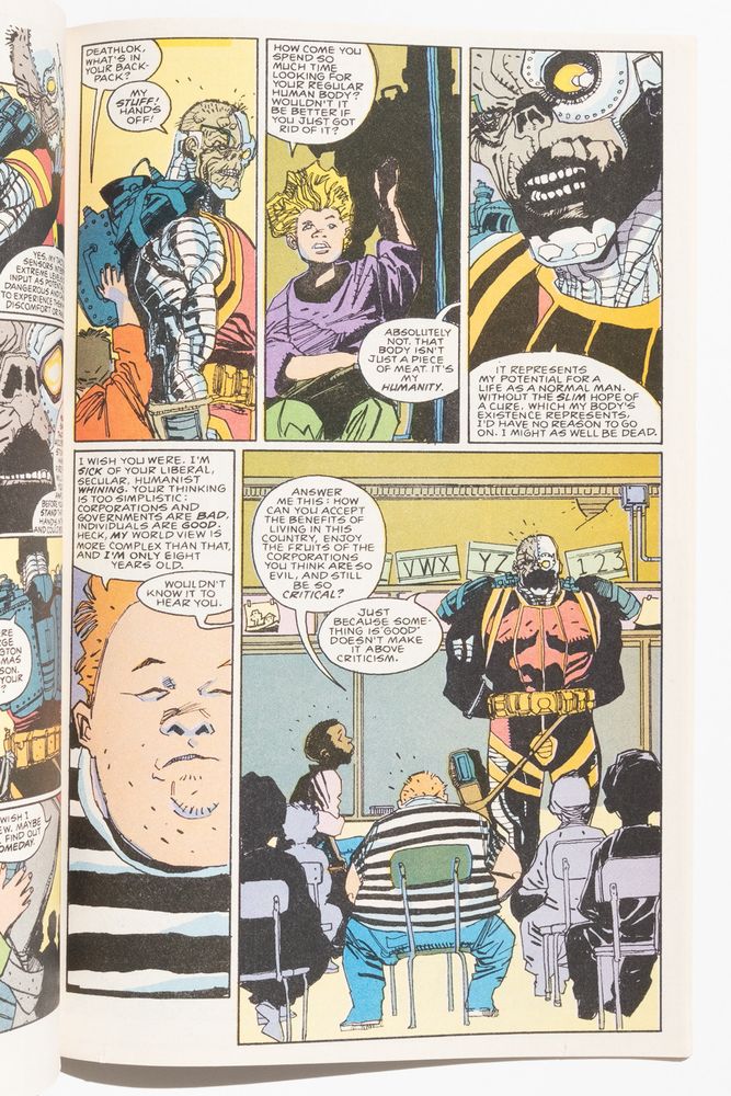 a page from Deathlok Annual 1. Art by Denys Cowan, words by Dwayne McDuffie. Deathlok attends his son's show and tell class wherein he is questioned by the kids about his "liberal, secular, humanist whining." this is a response to the letters page that frequently had letterhacks complaining the Deathlok wasn't right wing enough for them. This story is making fun of them