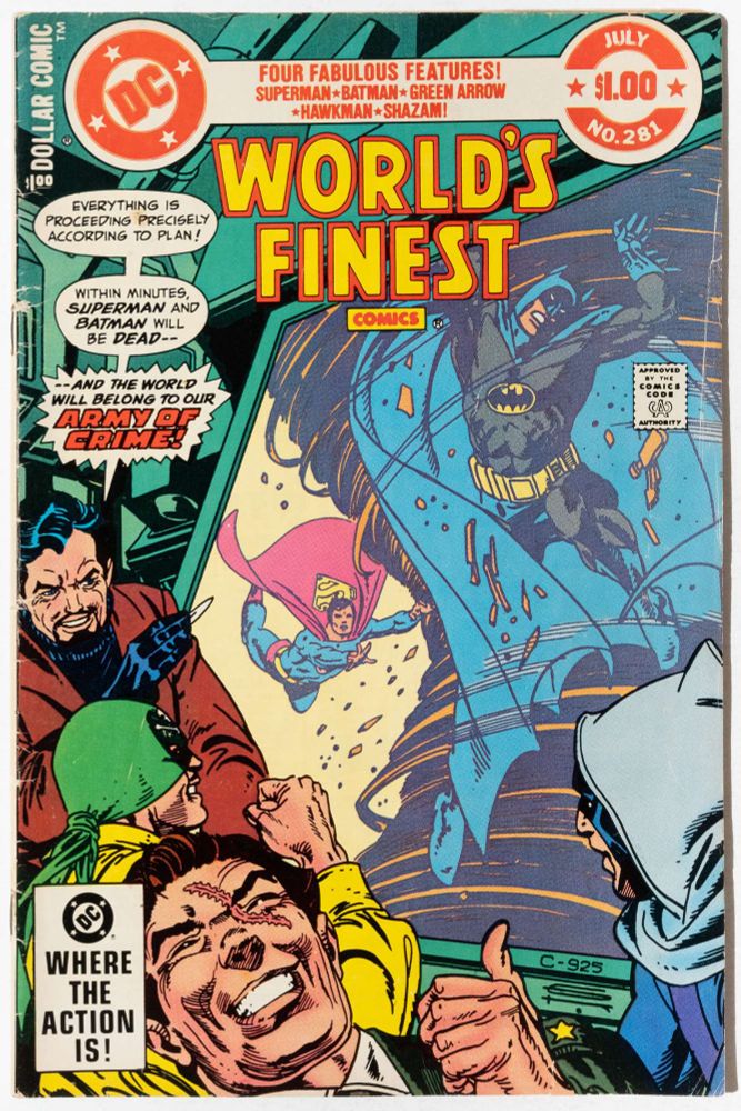 The cover of World's Finest 281 drawn by Gil Kane. Batman and Superman are caught in a tornado on a monitor as a group of villains from the "Army of Crime" look on. A man in the foreground with a big face scar and smile points with his thumb at the heroes