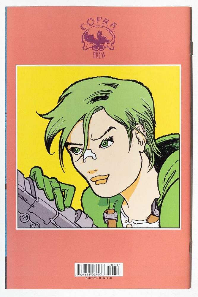 the back cover of Copra 1 as published by image comics and made by michel fiffe. it is a headshot of Guthie a green haired, green eyed what woman holding a big gun on a yellow background