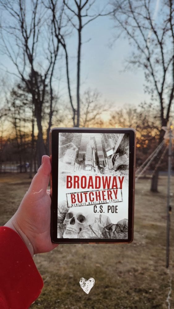 Kindle with the cover of Broadway Butchery by CS Poe with the backdrop of a setting sun and barren trees