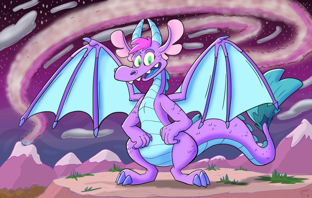 My fursona dragon Zenith standing on a mountain top as a large western style dragon with wings. It's a starry night view of mountain ranges in the distance and steam cloud from a distant volcano twirling around in the sky.