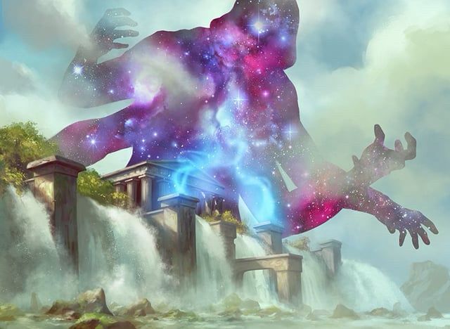 Humanoid figure with 4 arms made of stars looms over a Greek styles building on top of a waterfall