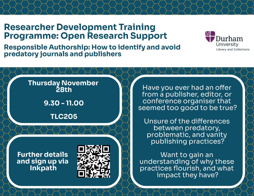 A flyer with details and a QR code for a training session: Responsible Authorship: How to identify and avoid predatory journals and publishers