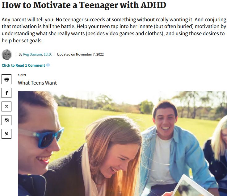 ADDitude post title is "How to Motivate a Teenager with ADHD." Picture of smiling teens sitting in a field.