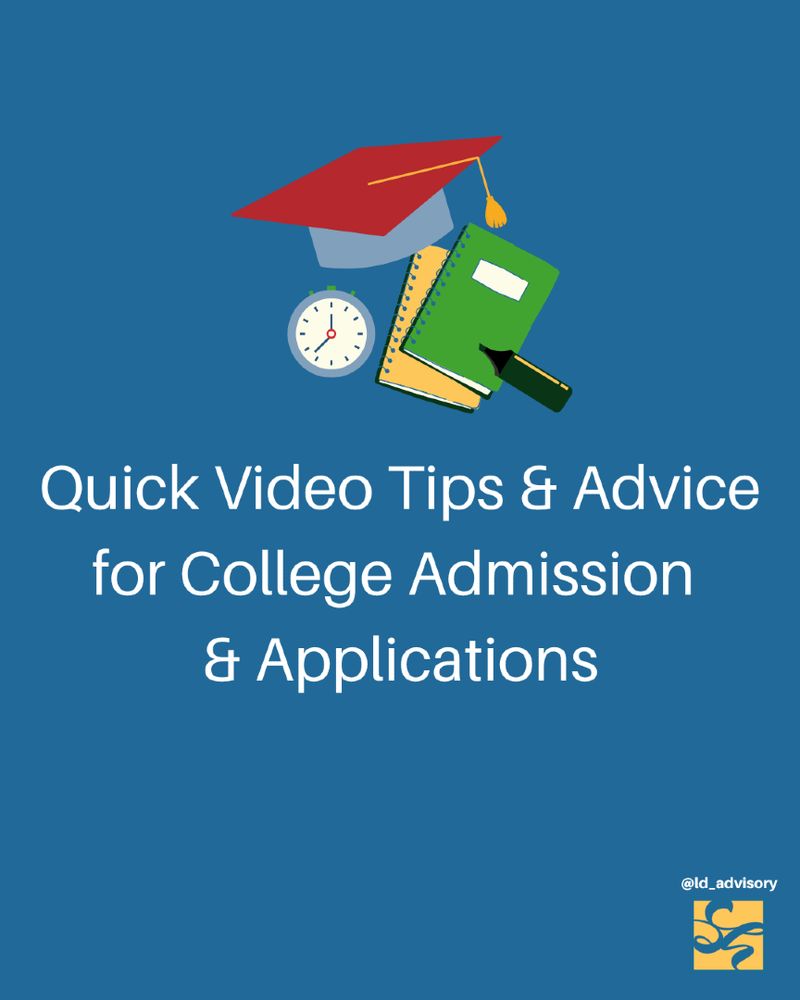 Quick Video Tips & Advice for College Admission & Applications. Cartoon image of a graduation cap, clock, notebooks, and highlighters.