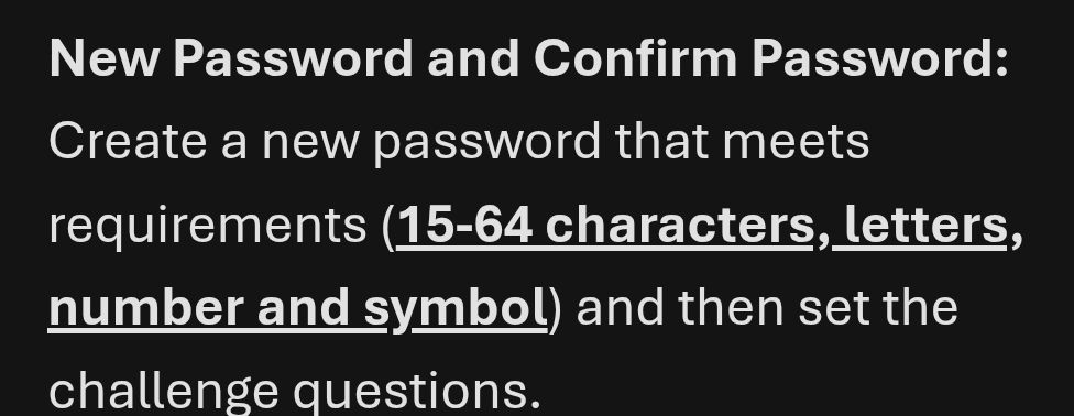 Screen snip from email instructing users to set a new password with a character range between 15 and 64.