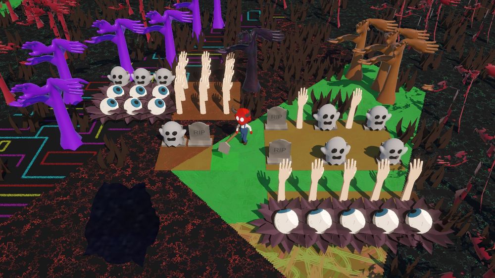 A monster that is a farmer, ghosts, hands, eyeballs, a portal to the void, trees that are also hands, spring, autumn, and other seasons all at once in different places. What is this place?
