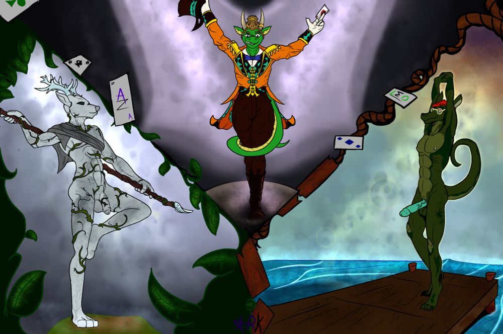 Full colour NSFW commission art work by Arkanum Zilong, the image depicts 3 male anthro characters and the picture is split into 3 segments with styled leaf and vine divider and rope and wood dock dividers between each character. One the far left is a Trenell a reanimated stone petrified blank eyed deer covered with vines and plant life and a flaccid penis, he balances on one foot with the other leg bent and resting against his thigh in his arms running behind his back is a long gnarled wood spear, along his shoulders is carved stone cloth toga, in the center is Leohs the dragonid in an orange circus ringmaster suit with top hat and Ace of hearts card between his fingers a confident smirk on his face as his arms are raised introducing the two. On the far right is Igo a tall slender naked reptilian with glasses and flame red hair he is standing poised arms above his head and a semi hard cock and a smile as he stands on a dock