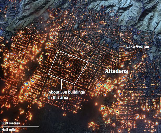 Satellite image of Altadena, virtually every building on fire.