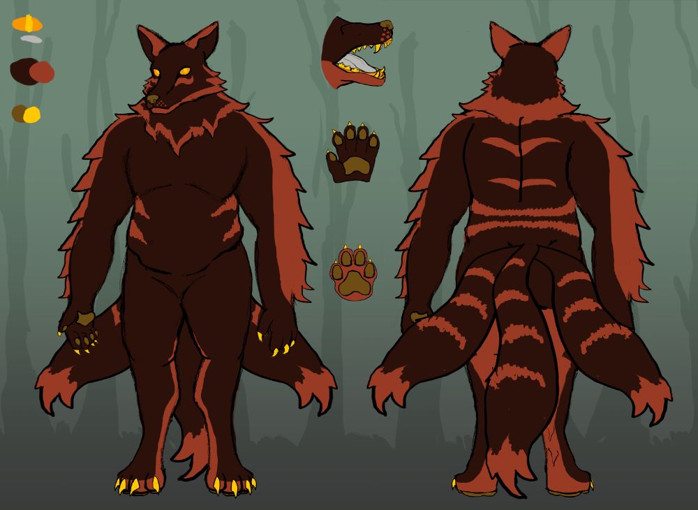 Reference sheet of a wolf fursona, showing a front and back view. The wolf is dark brown with rusty orange markings, and has yellow claws, light brown pawpads and nose, and bright orange eyes. The wolf has three tails, with the tail in the middle being longer than the two side-tails.

There are three smaller detail drawings. The first is a close up of the mouth, revealing a silver tongue, orange gums, and yellow teeth. The other two show the shape of the wolf's pawpads for their hands and feet.