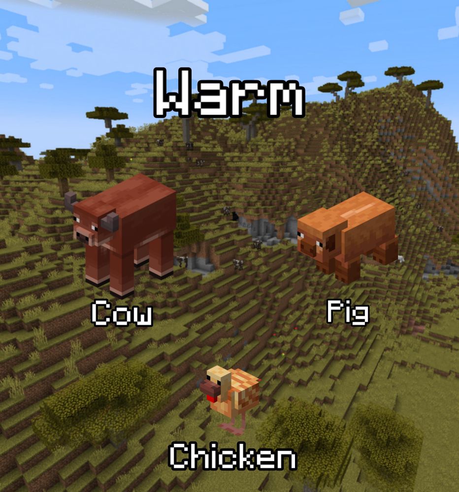 Minecraft Cow, Pig, and Chicken — Warm Variants