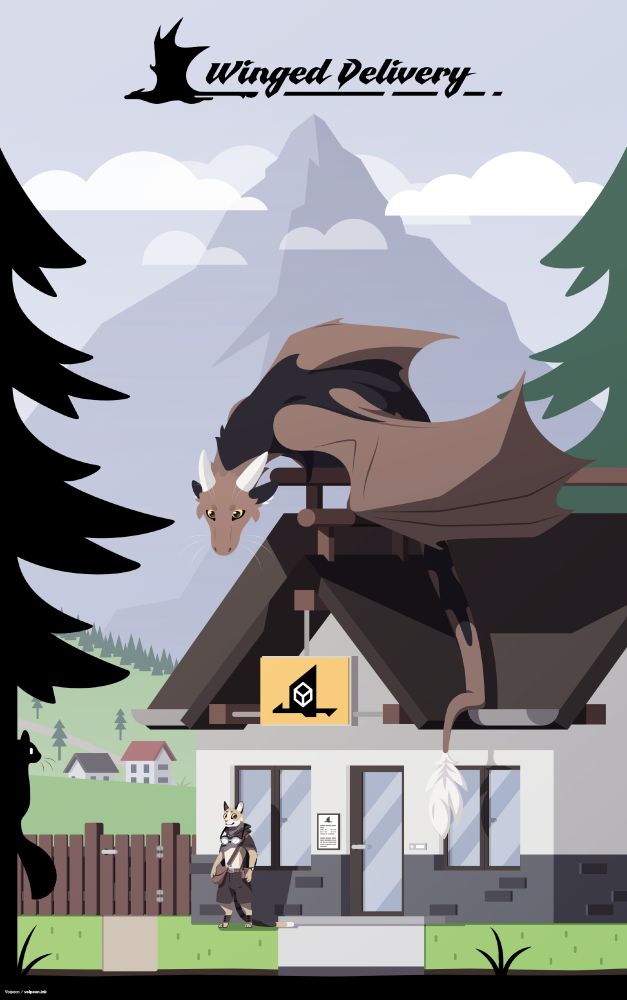 Cover art for a comic I had planned called "Winged Delivery". It shows my wyvern character again, standing on a house and looking down at a small anthropomorphic cat below. There are trees in the foreground and a mountain in the background. The house has a sign suggesting it's the office for a delivery service.