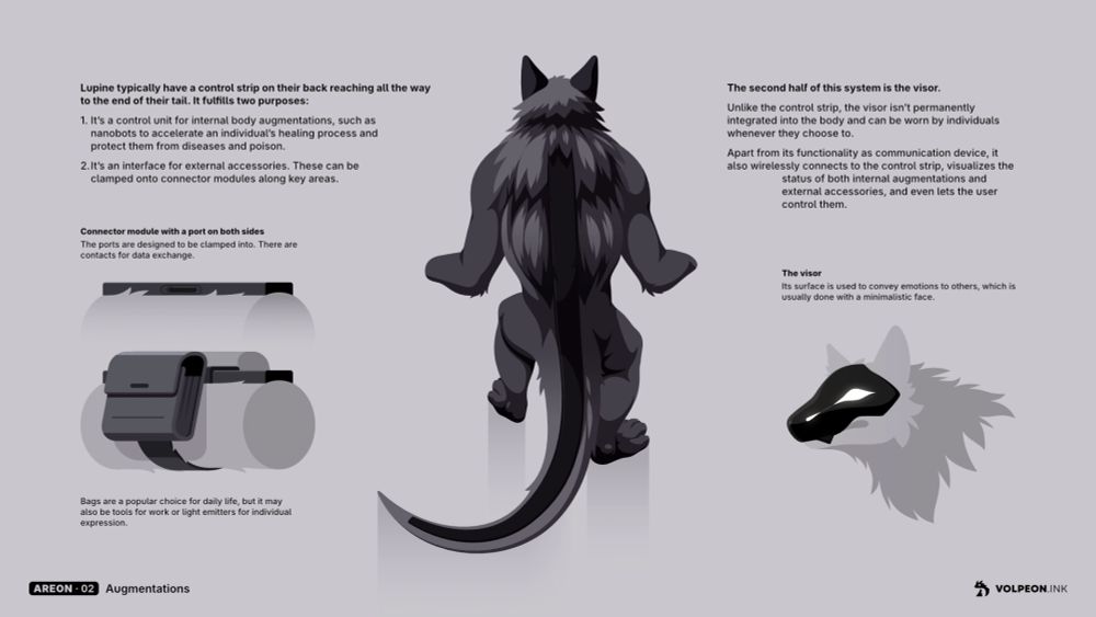 Vector art of Areon, my werewolf-like alien character. It's one page of his character sheet about the control strip, a black strip on his back going all the way down to the tip of his kangaroo-like tail.

"Lpine typically have a control strip on their back reaching all the way to the end of their tail. It fulfills two purposes:
1.	It’s a control unit for internal body augmentations, such as nanobots to accelerate an individual’s healing process and protect them from diseases and poison.
2.	It’s an interface for external accessories. These can be clamped onto connector modules along key areas."

There's a small drawing of the strip showing the connector, and one more with a bag attached.

"The second half of this system is the visor. 
Unlike the control strip, the visor isn’t permanently integrated into the body and can be worn by individuals whenever they choose to.
Apart from its functionality as communication device, it also wirelessly connects to the control strip, visualizes the status of both internal augmentations and  external accessories, and even lets the user control them."

There's a small drawing afterwards of Areon wearing a black visor with white shapes rendered on its surface resembling eyes and nostrils.