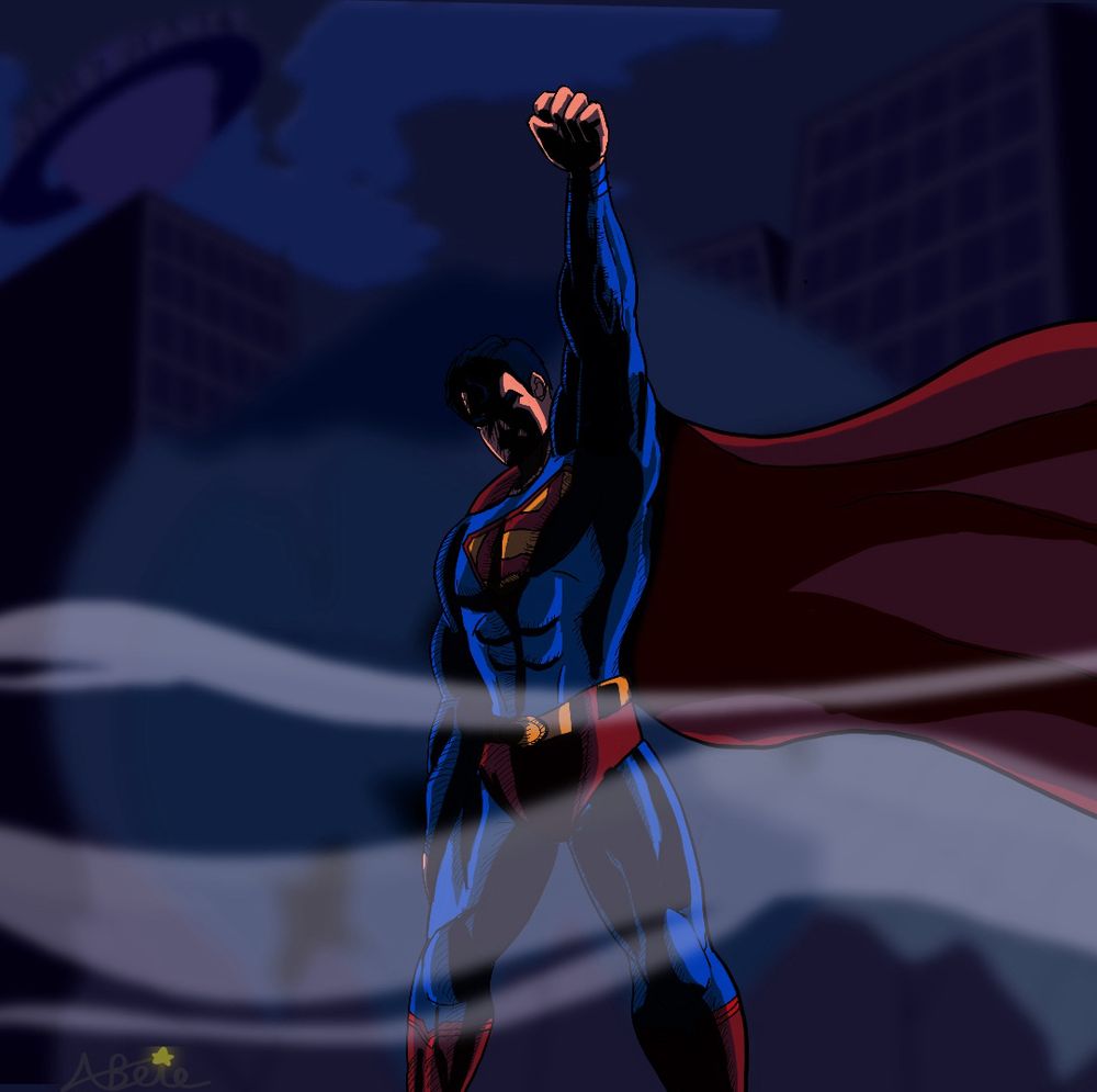 Superman with his face covered by shadows raising his fist the sky while his cape blows to the right