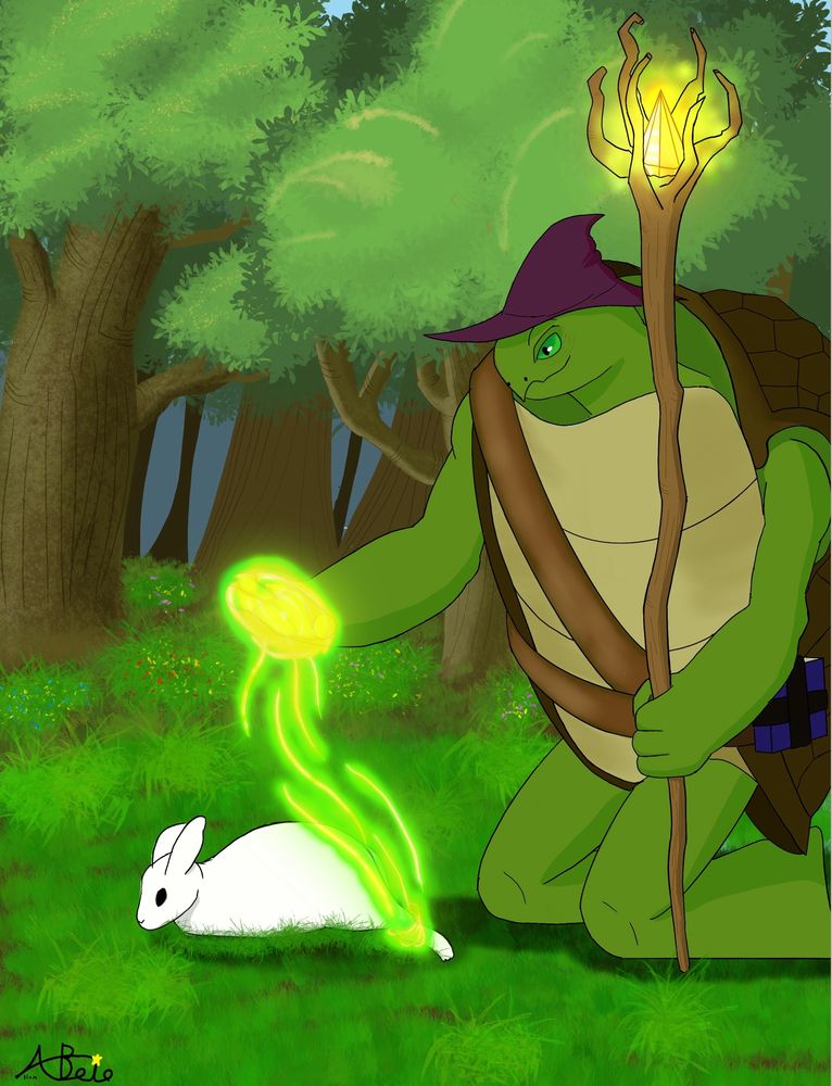Turtle wizard using their magic to heal an injured rabbit