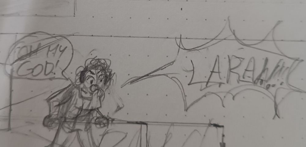 Rough sketch of Hannah John-Kamen's character from the Tomb Raider 2018 movie hunched over an indoor balcony that leads to a staircase. She is screaming for Lara in shock