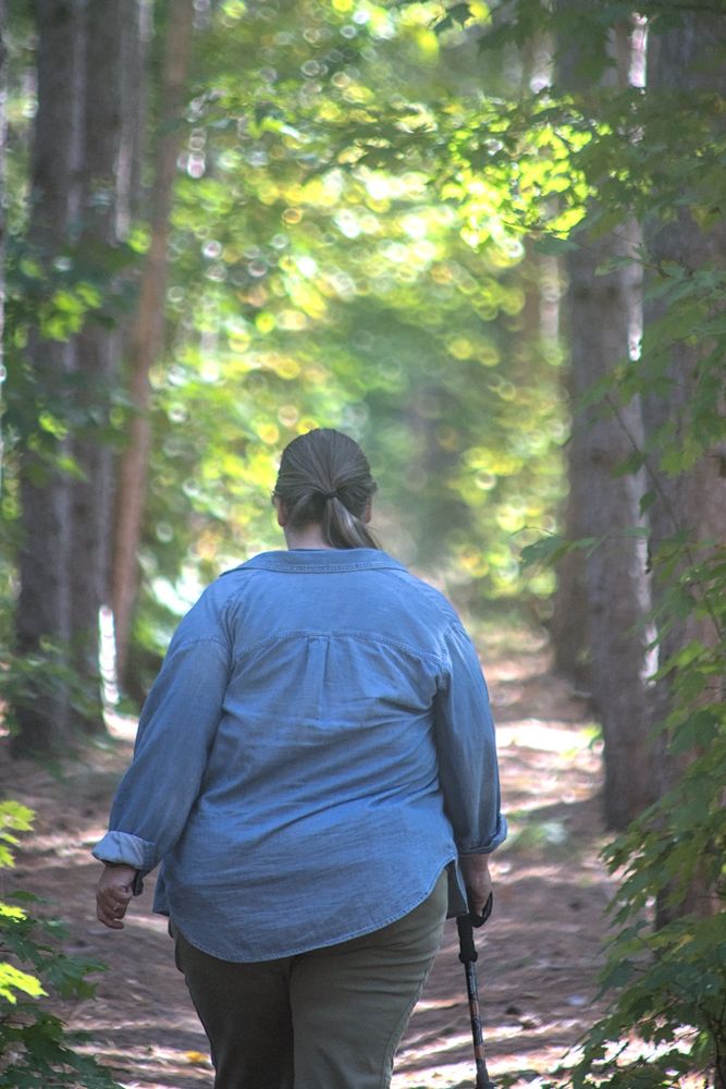 Julie walks along a wooded trail at Aspen Park in Gaylord, MI, with tall trees lining the path. She is seen from behind, wearing a light denim shirt and khaki pants, holding a walking stick in one hand. The sunlight filters through the leaves, creating a soft, dappled glow and a peaceful atmosphere. The trail is surrounded by vibrant green foliage, emphasizing the natural beauty of the scene.