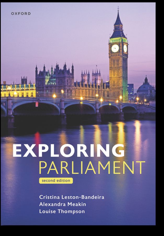 The cover of Exploring Parliament Second Edition, showing the Palace of Westminster and Westminster Bridge from across the Thames, at twilight.